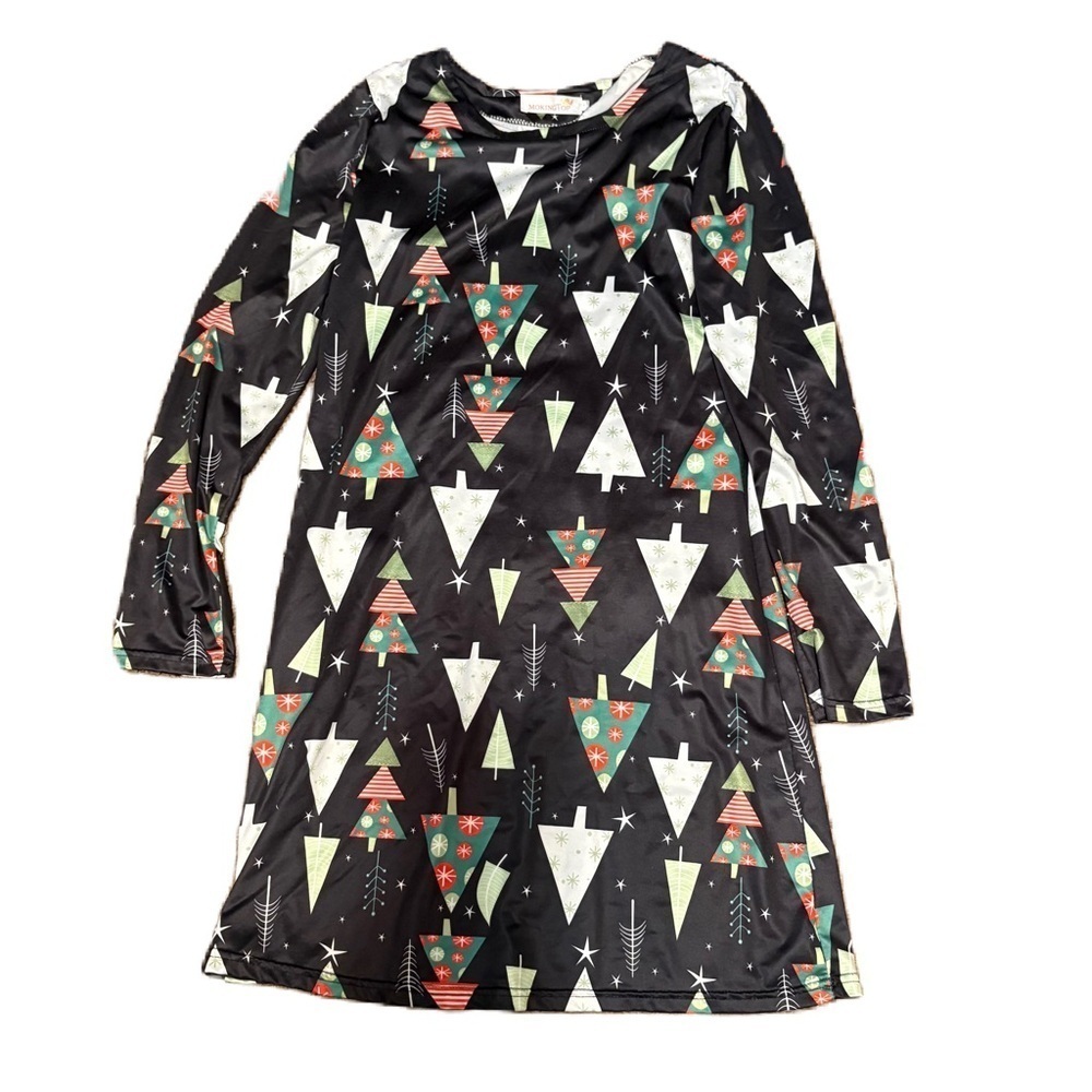 Festive Black Dress with Christmas Tree Pattern Long Sleeve Large Tunic Midi